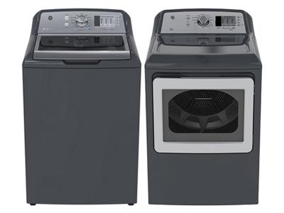 GE 5.3(IEC) cu. ft. stainless steel capacity washer and GE Top Load Matching Dryer 7.4 cu ft. capacity - GTW680BMKDG-GTD65EBMKDG