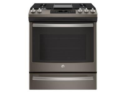30" GE Slide-In Front Control, Premium Slate Appearance, 5.6 cu. Ft. Self-Cleaning Convection Gas Range - JCGS760EELES