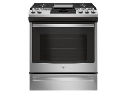 30" GE Slide-In Front Control, Premium Stainless Steel Appearance, 5.6 cu. Ft.  Self-Cleaning Convection Gas Range - JCGS760SELSS