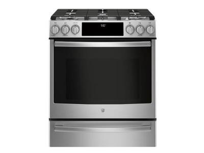 30" GE Profile Slide-In Front Control Premium Stainless Steel Appearance, 5.6 cu. Ft. Self-Cleaning Convection Gas Range - PCGS930SELSS
