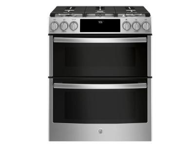 30" GE Profile 6.7 Cu. Ft. Slide-in Front Control Double Oven Gas Range In Stainless Steel - PCGS960SELSS