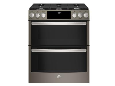 30" GE Profile Slide-In Front Control Premium Slate Appearance, 6.7 cu. Ft. Self-Cleaning Convection Gas Range, Wifi Connectivity - PCGS960EELES