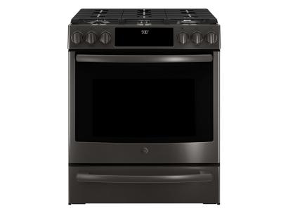 30" GE Profile Slide-In Front Control Premium Black Stainless Steel Appearance, 5.6 cu. Ft. Self-Cleaning Convection Gas Range - PCGS930BELTS