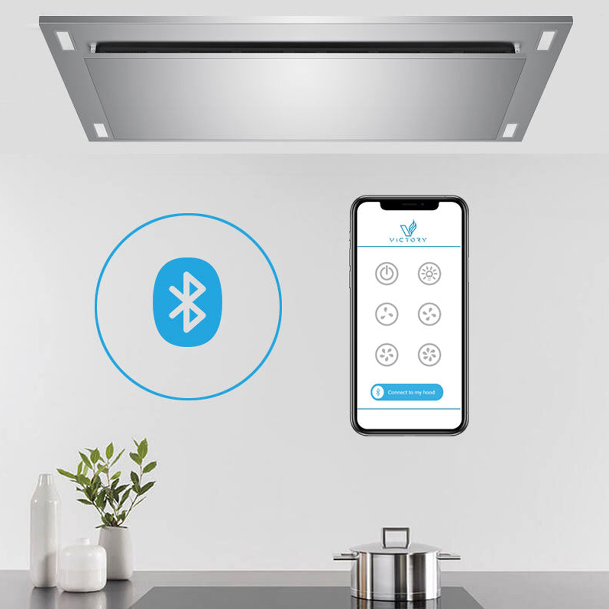 Victory 38-Inch 600 CFM Flush Ceiling Range Hood in Stainless Steel Perimeter Suction Bluetooth Controls - Sunset-B