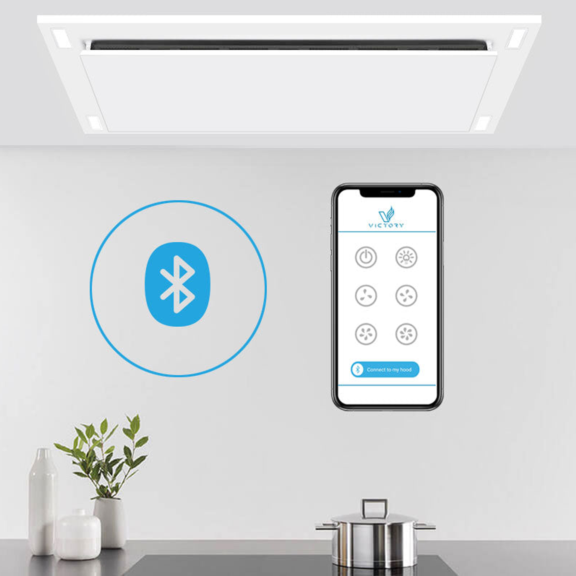 Victory 38-Inch 600 CFM Flush Ceiling Range Hood in Matte White Perimeter Suction Bluetooth Controls - Sunset-WH-B