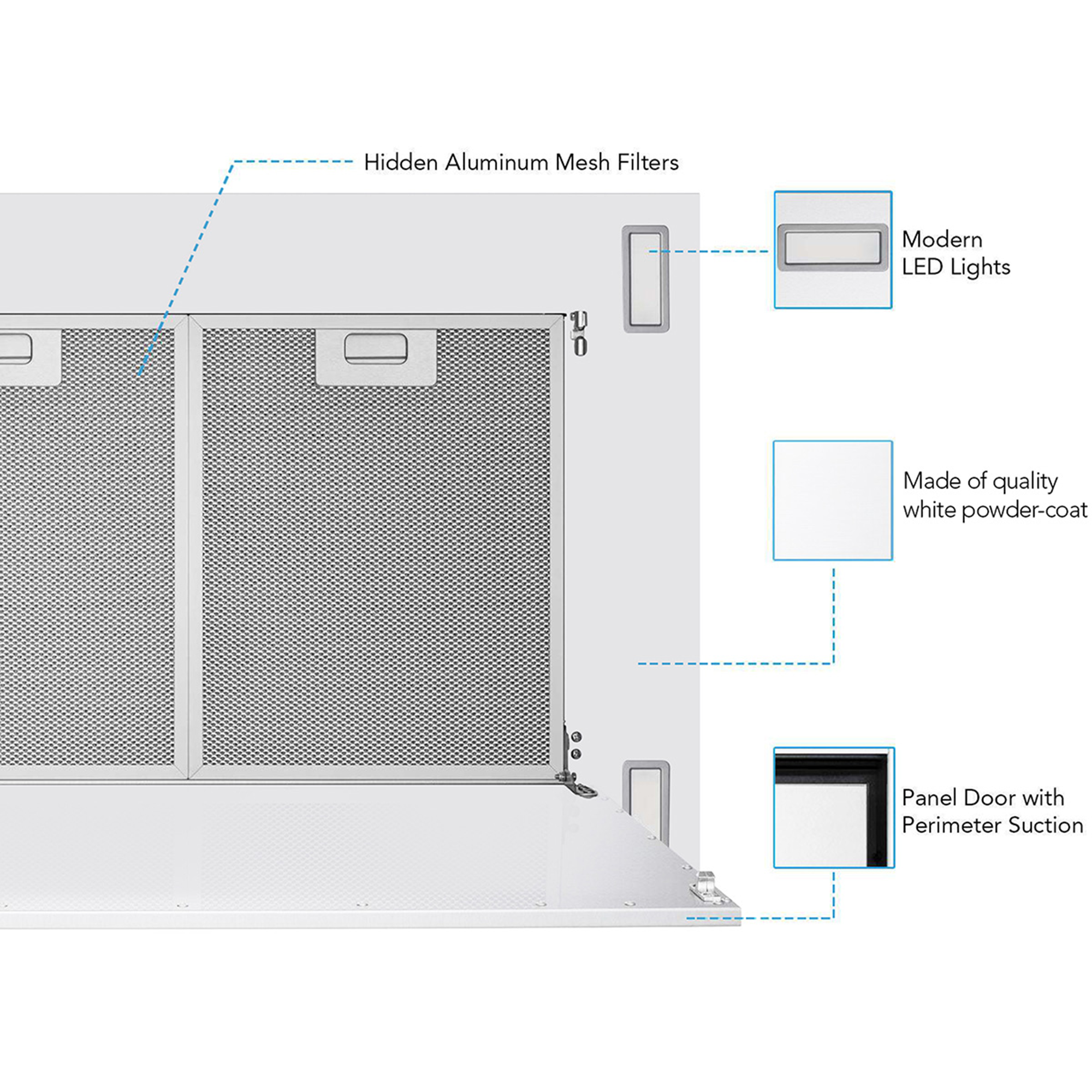 Victory 38-Inch 600 CFM Flush Ceiling Range Hood in Matte White Perimeter Suction Bluetooth Controls - Sunset-WH-B