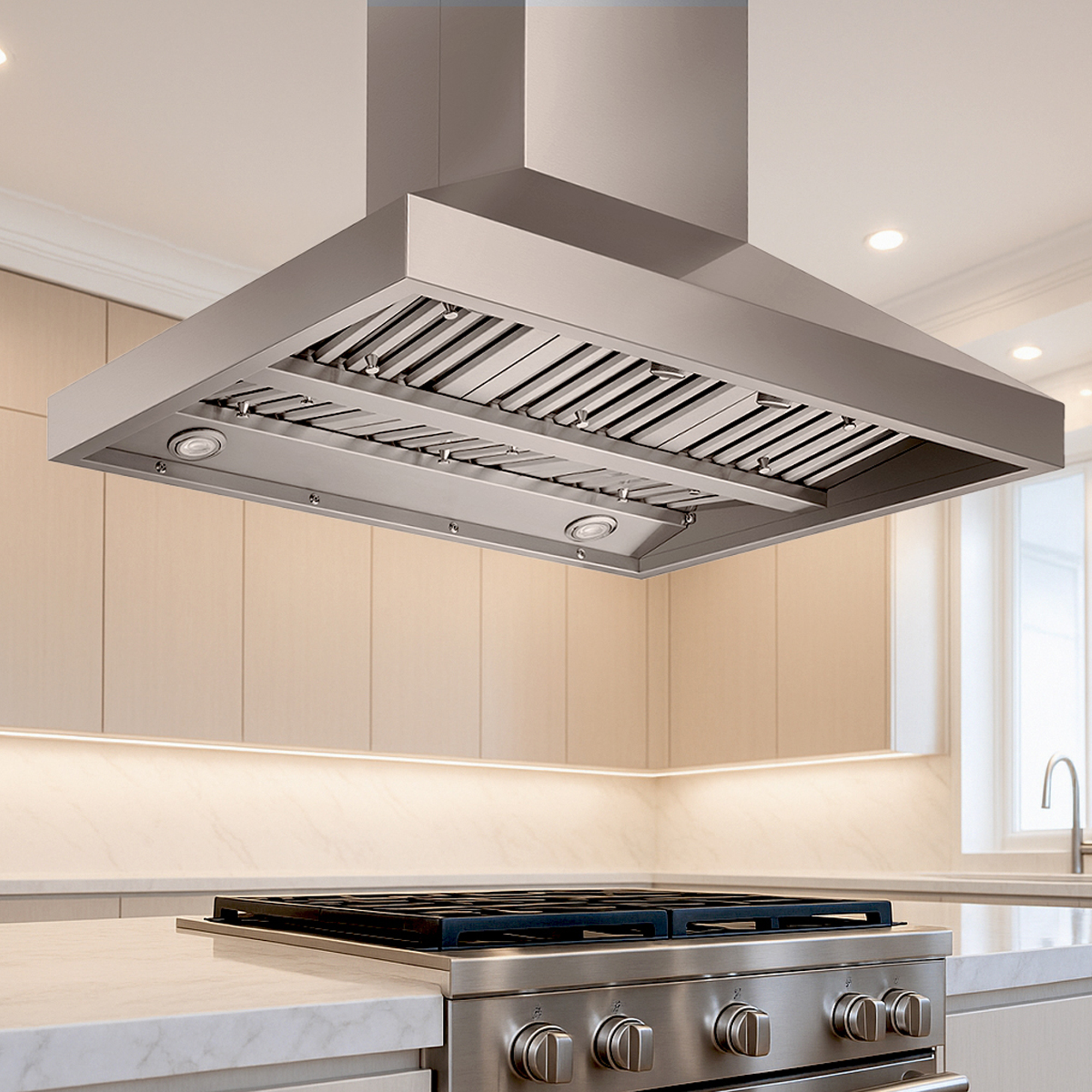 Victory 36-Inch 750 CFM Island Range Hood in Stainless Steel with Baffle Filters 4-Speed Rotary Switch Dimmable LED's - Twister-Island-36