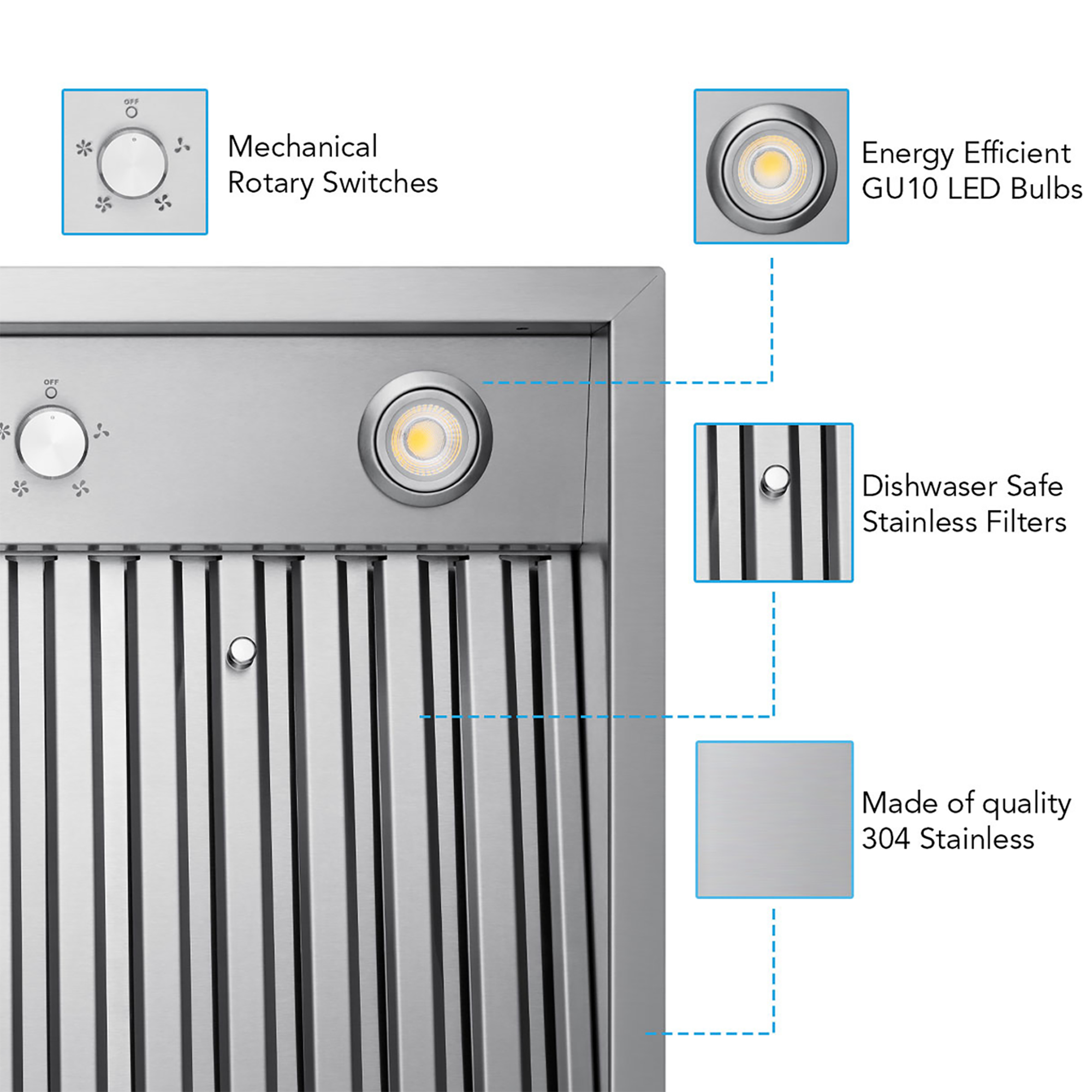 Victory 30-Inch 750 CFM Insert Range Hood in Stainless Steel Baffle Filters 4-Speed Rotary Switch Dimmable LED's - Q5-30