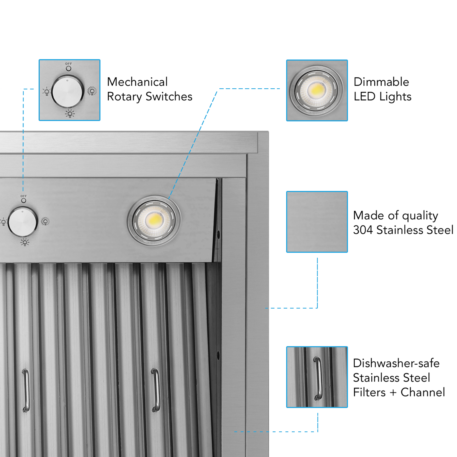 Victory 42-Inch 900 CFM Insert Range Hood in Stainless Steel with Powerful Double Blower Baffle Filters 4-Speed Rotary Switch Dimmable LED's - Star-42