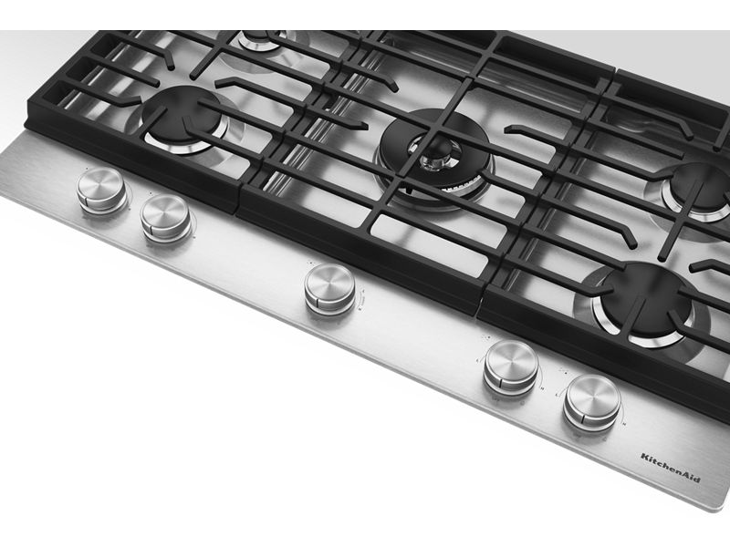 36" Kitchenaid Gas Cooktop with 5 Burners and Integrated Wok Grate - KCGK536SSS