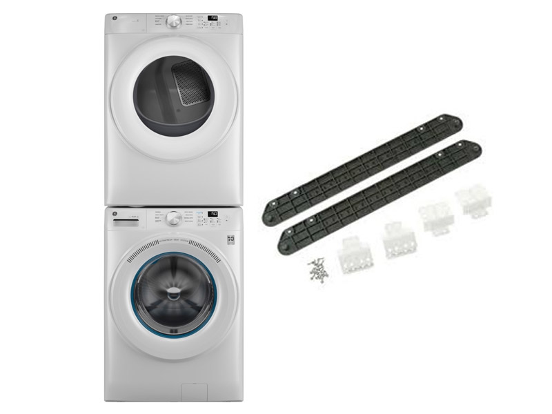28" GE 5.3 Cu. Ft. Front Load Washer and 7.8 Cu. Ft. Electric Dryer and Stack Bracket Kit - GFA28KITN-GFW350SSYWW-GFD35ESMYWW
