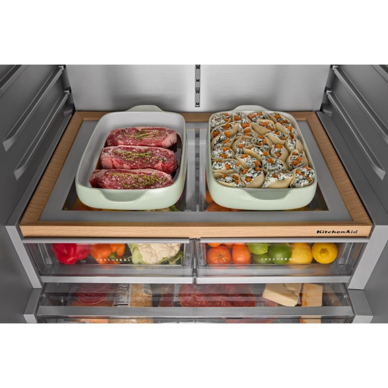 36" Kitchenaid 30 Cu. Ft. French Door Refrigerator with Exterior Water and Ice Dispenser and Wood-Look Sliding Tray in Porcelain White - KRFF436SPL