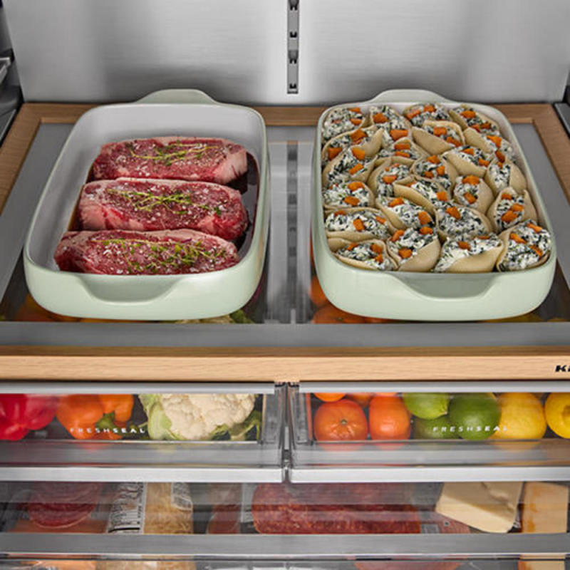 36" Kitchenaid 30 Cu. Ft. French Door Refrigerator with Exterior Water and Ice Dispenser and Wood-Look Sliding Tray in Porcelain White - KRFF436SPL